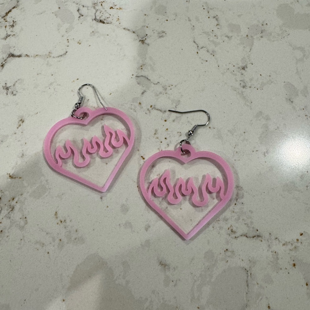 Pink Heart Flame Valentines Day Love Earrings